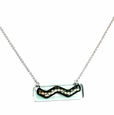Dichroic Plaid Wave on Transparent Green Fused Glass Bar Necklace