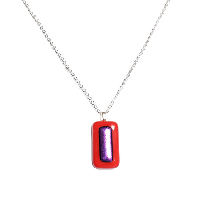 Dichroic purple on red fused glass pendant necklace