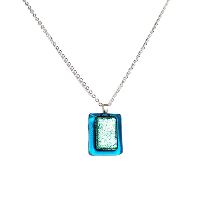 Dichroic green on transparent blue fused glass pendant necklace