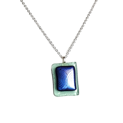 Dichroic blue circles on iridescent transparent green fused glass pendant necklace - Thumbnail 4