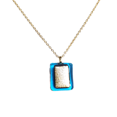 Golden dichroic on transparent blue fused glass pendant necklace