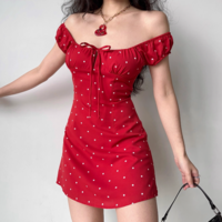 Red dress with floral polka dots and chest straps - Thumbnail 1