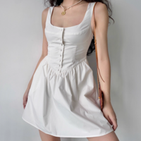 Retro palace style white bud pocket buttoned square collar sleeveless A-line dress - Thumbnail 2