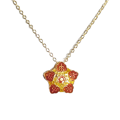 Red and gold star with hearts cloisonne necklace