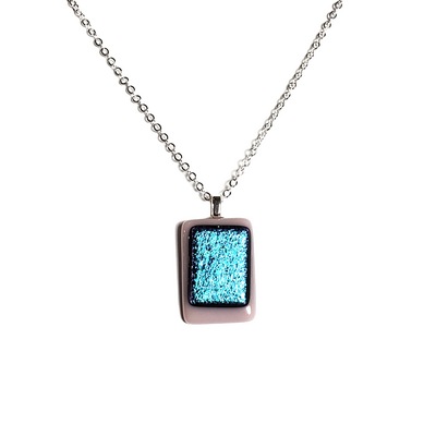 Dichroic blue on lavender fused glass pendant necklace