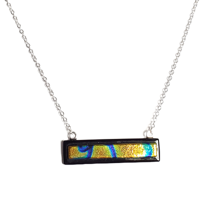 Dichroic abstract pattern on black fused glass bar necklace