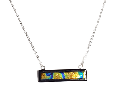 Dichroic Abstract Pattern on Black Fused Glass Bar Necklace