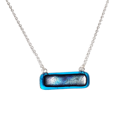 Dichroic blue geometric on transparent blue fused glass bar necklace