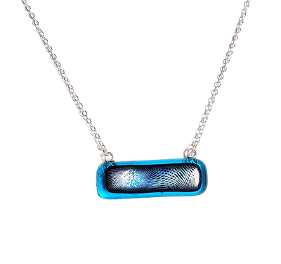 Dichroic Blue Geometric on Transparent Blue Fused Glass Bar Necklace