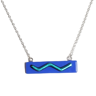 Dichroic turquoise wave on cobalt blue fused glass bar necklace