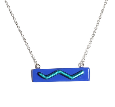 Dichroic Turquoise Wave on Cobalt Blue Fused Glass Bar Necklace