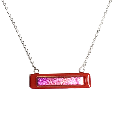 Dichroic pink on red fused glass bar necklace
