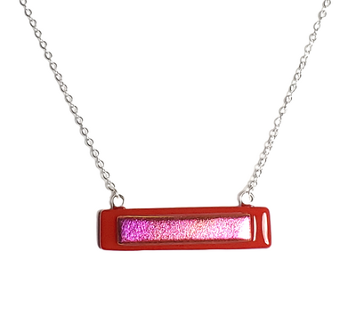 Dichroic Pink on Red Fused Glass Bar Necklace
