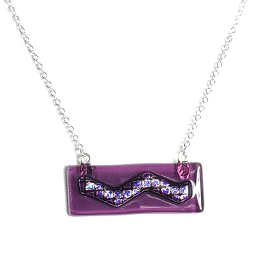 Dichroic Purple Plaid on Transparent Purple Fused Glass Bar Necklace