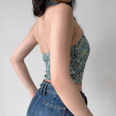 Retro plaid small stand collar halter vest