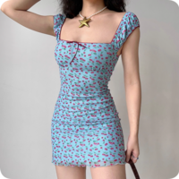 Sweet Cherry Print Square Neck Dress - Thumbnail 2