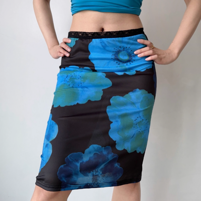 Retro flower print skirt slim fit a-line hip lace skirt