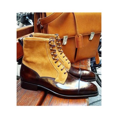 Handmade men brown leather suede ankle high dress boot