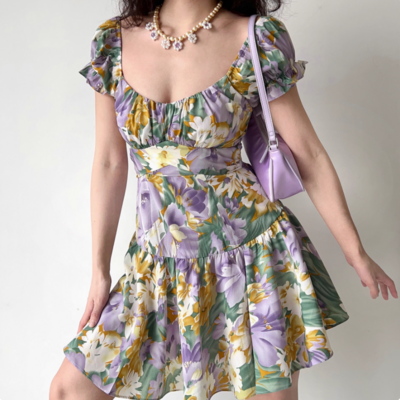 Retro oil painting flower puff sleeve short-sleeved dress for women with back straps - Thumbnail 4