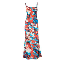 Colorful printed suspender buttoned hollow backless pleated long skirt - Thumbnail 6