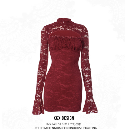 Lace stitching chest hollow trumpet sleeve waist hip skirt
