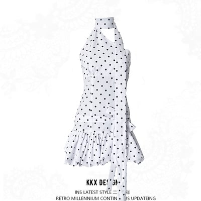 Hot girl polka dot print irregular stitching short dress