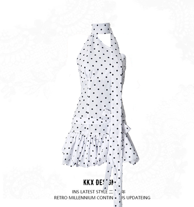Hot Girl Polka Dot Print Irregular Stitching Short Dress