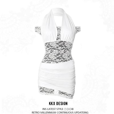 Lace stitching halter neck backless sexy hot girl hip skirt