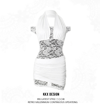 Lace stitching halter neck backless sexy hot girl hip skirt