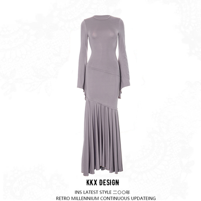 Solid color bell sleeve waist elegant fishtail skirt