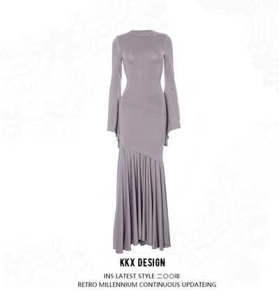 Solid color bell sleeve waist elegant fishtail skirt