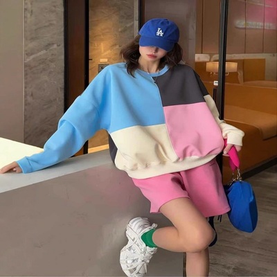 Spring and autumn contrast color stitching loose casual round neck sweatshirt for women