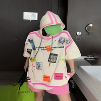 Women's Loose Contrast Hooded Short Sleeve T-shirt - Thumbnail 1