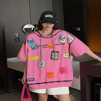 Women's Loose Contrast Hooded Short Sleeve T-shirt - Thumbnail 2