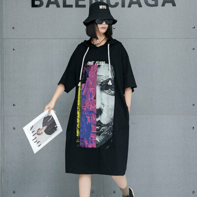 Fashion Plus Size Women's Hooded Short Sleeve T-Shirt Dress