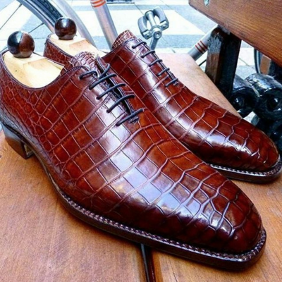 Handmade men brown crocodile leather oxford lace up dress shoes