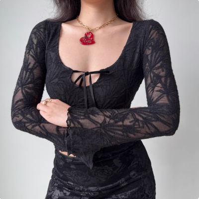 Retro jacquard lace-up long sleeve top women's slim fit u-neck t-shirt