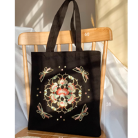 Round flower embroidery New Chinese style embroidered canvas bag crossbody handbag eco-friendly bag - Thumbnail 6