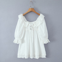 Lace Square Neck Three-Dimensional Small Flower Double-Layer Lace Hem Dress - Thumbnail 1
