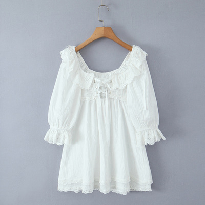 Lace square neck three-dimensional small flower double-layer lace hem dress