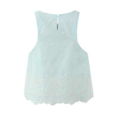 Round neck sleeveless embroidered hollow lace hem casual vest