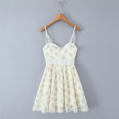Lace embroidery printed fishbone waist suspender short dress