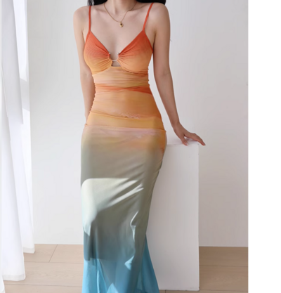 Sexy Mesh Print Metal Ring Suspender Dress
