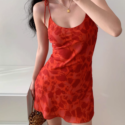 Red waist short skirt printed v-neck suspender sexy dress