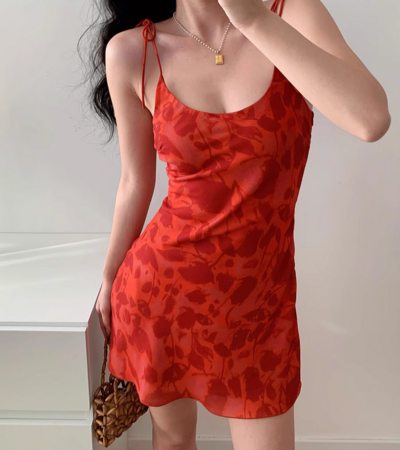 Red waist short skirt printed V-neck suspender sexy dress