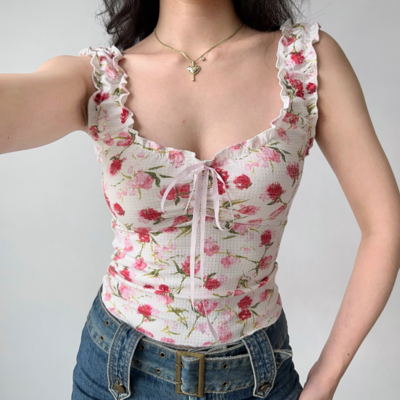 Ruffle hem printed sleeveless vest slim fit short hot girl top