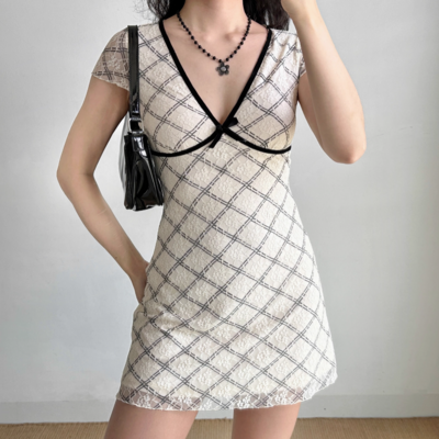 Sexy deep v neck lace plaid short sleeve dress - Thumbnail 3
