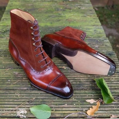 Handmade brown suede leather ankle high lace up balmoral boot