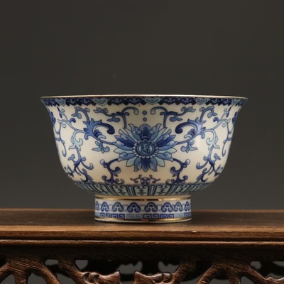 Chinese antique porcelain bowl - elegant blue and white lotus twig design - home decor accent