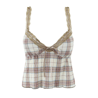Contrast color lace bow decorated lace plaid small camisole